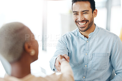 Buy stock photo Handshake, professional team and smile, partnership and collaboration, agreement or deal with success. Diversity, shaking hands and people happy working together in meeting with teamwork and trust