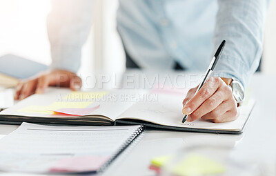 Buy stock photo Closeup, hands and notebook for ideas, planning and feedback for review, brainstorming and inspiration. Zoom, male and employee with journal, new project and schedule for proposal, writer and notes