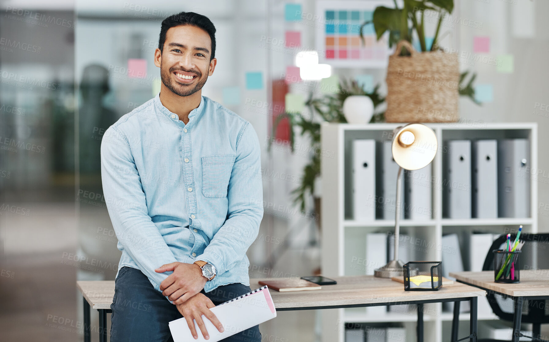 Buy stock photo Professional, smile and portrait of asian man in office for startup, confident and pride. Development, corporate and happy with male employee in business agency for management, expert and director