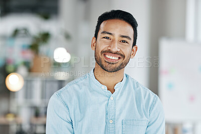 Buy stock photo Happy, smile and portrait of man in office for startup, confident and positive. Happiness, corporate and pride with face of male employee standing in agency for management, expert and director