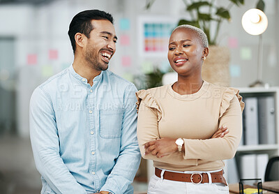 Buy stock photo Laughing, startup and creative people in office planning, talking and collaboration for teamwork or company goals. Happy diversity staff, employees or black woman with partner discussion in workplace