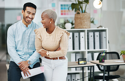 Buy stock photo Laughing, startup and business people in office planning, talking and collaboration for teamwork in creative company. Happy diversity friends, coworkers or black woman and partner with funny chat