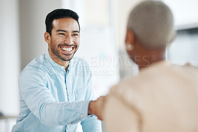 Buy stock photo Handshake, business team and smile, partnership and collaboration, agreement or deal with success. Diversity, shaking hands and people happy working together in meeting with teamwork and trust
