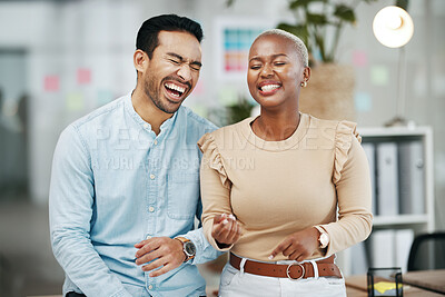 Buy stock photo Work, professional team and laughing in a office with employee group and happiness. Motivation, teamwork and diversity of business friends together with a happy smile and funny joke at workplace
