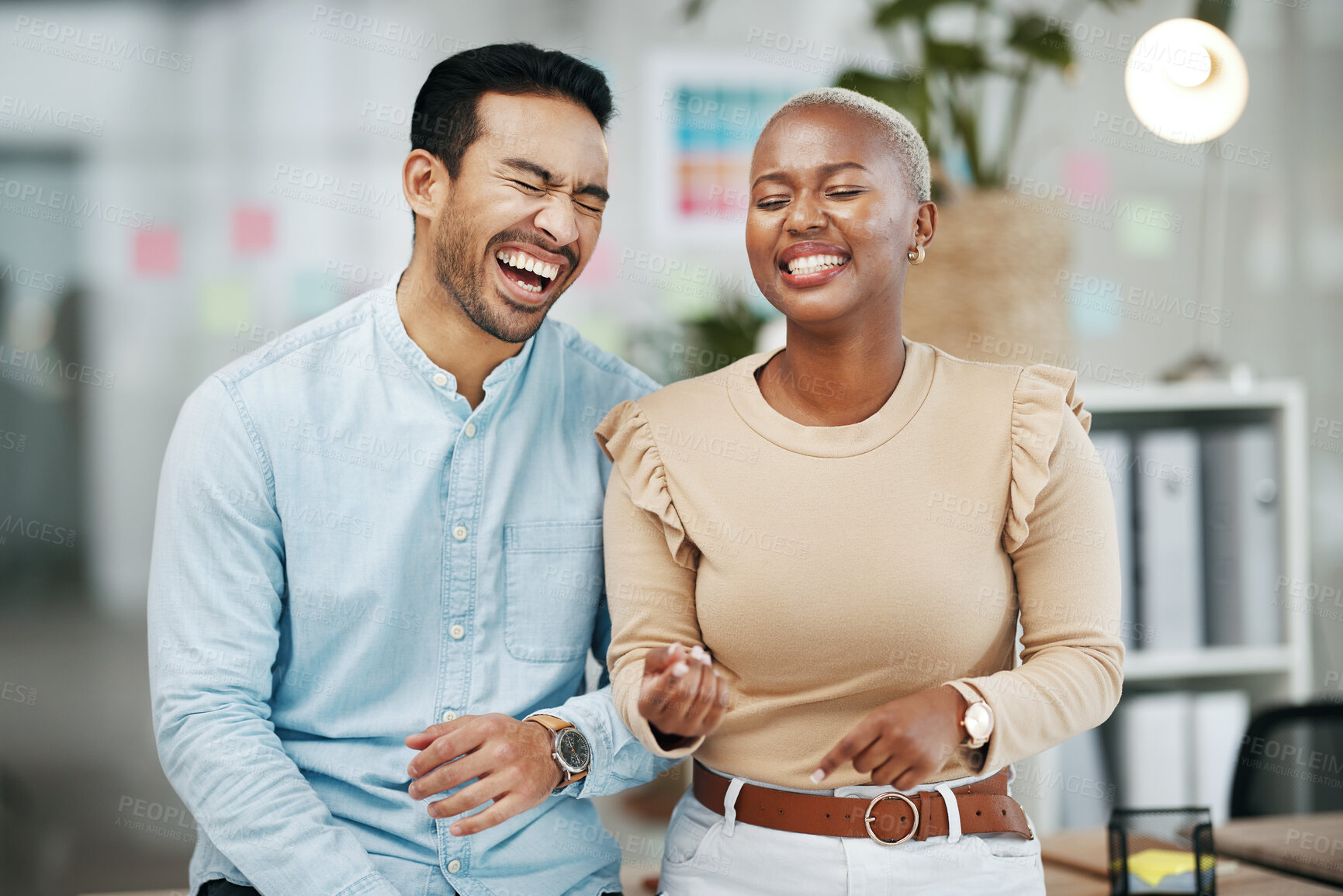 Buy stock photo Work, professional team and laughing in a office with employee group and happiness. Motivation, teamwork and diversity of business friends together with a happy smile and funny joke at workplace