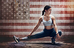 Fitness, flag and a usa sports woman stretching in studio while getting ready for a cardio or endurance workout. Exercise, background and warm up with a female runner or athlete training for health