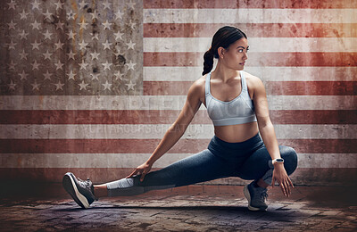 Buy stock photo Fitness, flag and a usa sports woman stretching in studio while getting ready for a cardio or endurance workout. Exercise, background and warm up with a female runner or athlete training for health