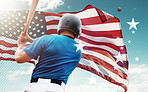 American flag, baseball and man with overlay for sports competition, global tournament and games. National player, fitness and male athlete with bat hit ball for softball exercise, training and match