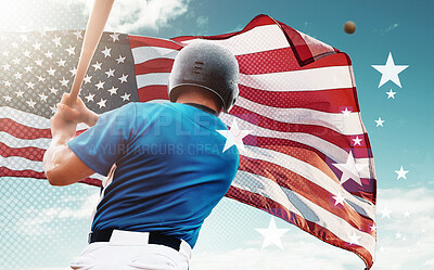 Buy stock photo American flag, baseball and man with overlay for sports competition, global tournament and games. National player, fitness and male athlete with bat hit ball for softball exercise, training and match