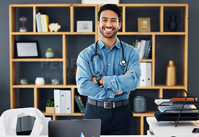 Buy stock photo Portrait, healthcare and man with arms crossed, hospital and happiness with development, medicine and research. Face, medical professional and happy male employee with confidence, wellness or success