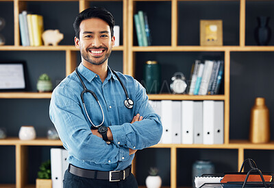 Buy stock photo Portrait, Asian man and doctor with healthcare, arms crossed and success in workplace. Face, Japanese male employee and happy medical professional with leadership, management and happiness in office