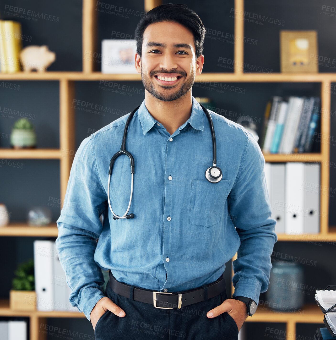 Buy stock photo Happy, medicine and portrait of an Asian doctor for consultation, healthcare and medical help. Smile, hospital and a friendly male clinic worker ready for surgery, gp work and nursing in an office