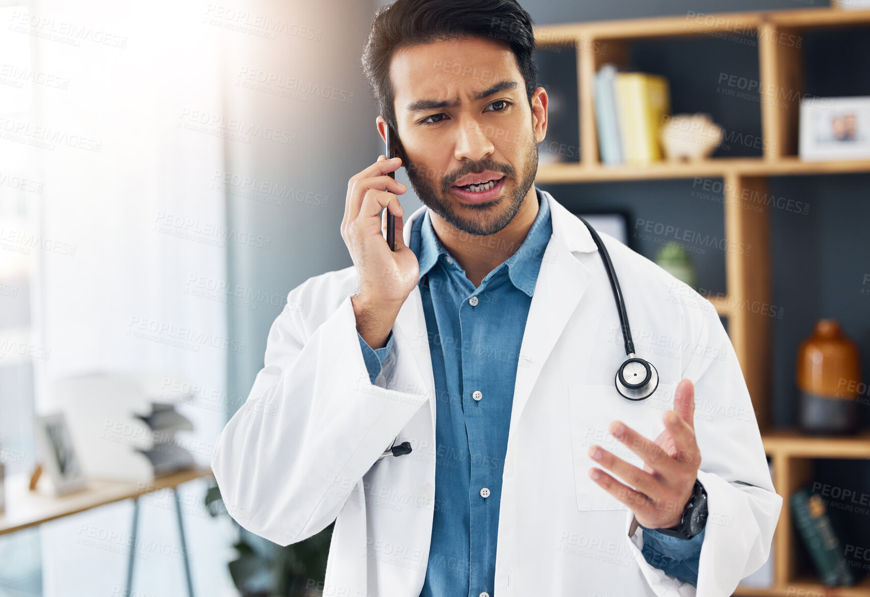 Buy stock photo Confused doctor, man and phone call in hospital for communication, healthcare advice and life insurance. Question, medical employee and talking on smartphone for telehealth, mobile contact or problem