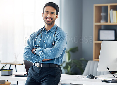 Buy stock photo Portrait, man and doctor with arms crossed in medical office, motivation or trust. Happy male healthcare worker, employee and expert of wellness management, happiness and commitment to pride or smile