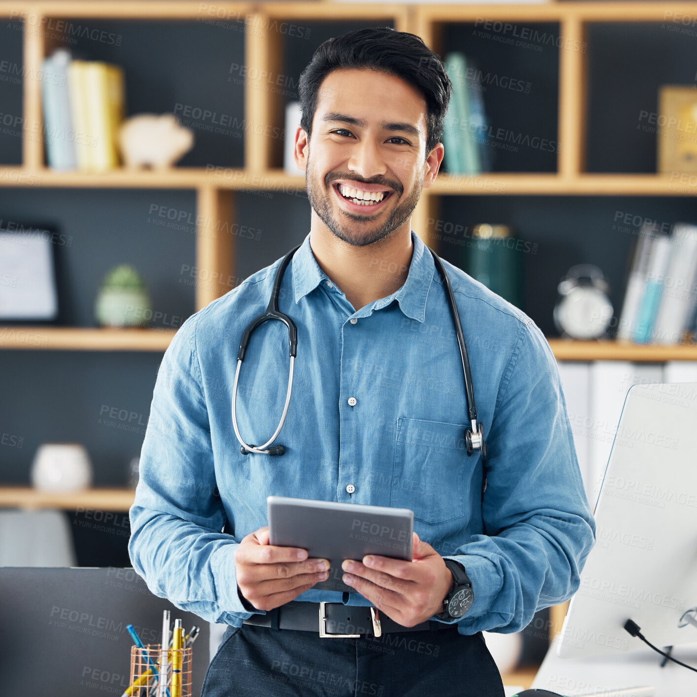 Buy stock photo Happy, tablet and portrait of GP smile in medical office holding device for internet, online and web connection. Digital, contact us and man healthcare professional browsing the web or an app