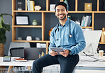 Relax, tablet and portrait of doctor sitting on table or desk in medical office holding device for internet, web or online use. Man healthcare professional satisfied with health app or connection