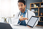 Mockup, consultation and a doctor on a video call with a tablet for results, healthcare support and advice. Talking, consulting and an Asian gp with a blank screen tech for a telehealth webinar