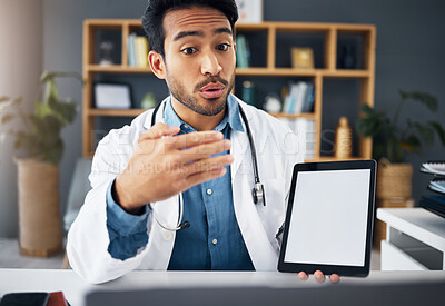 Buy stock photo Mockup, Asian man and doctor with tablet, explain diagnosis and healthcare issue in workplace. Male employee, medical professional and physician with device, talking and feedback for cure or solution