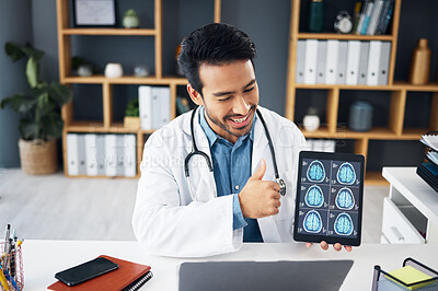Buy stock photo Video call, x ray and doctor with brain scan on tablet for telehealth, online consulting and patient results. Healthcare tech, communication and man on computer for medical care, neurology or service