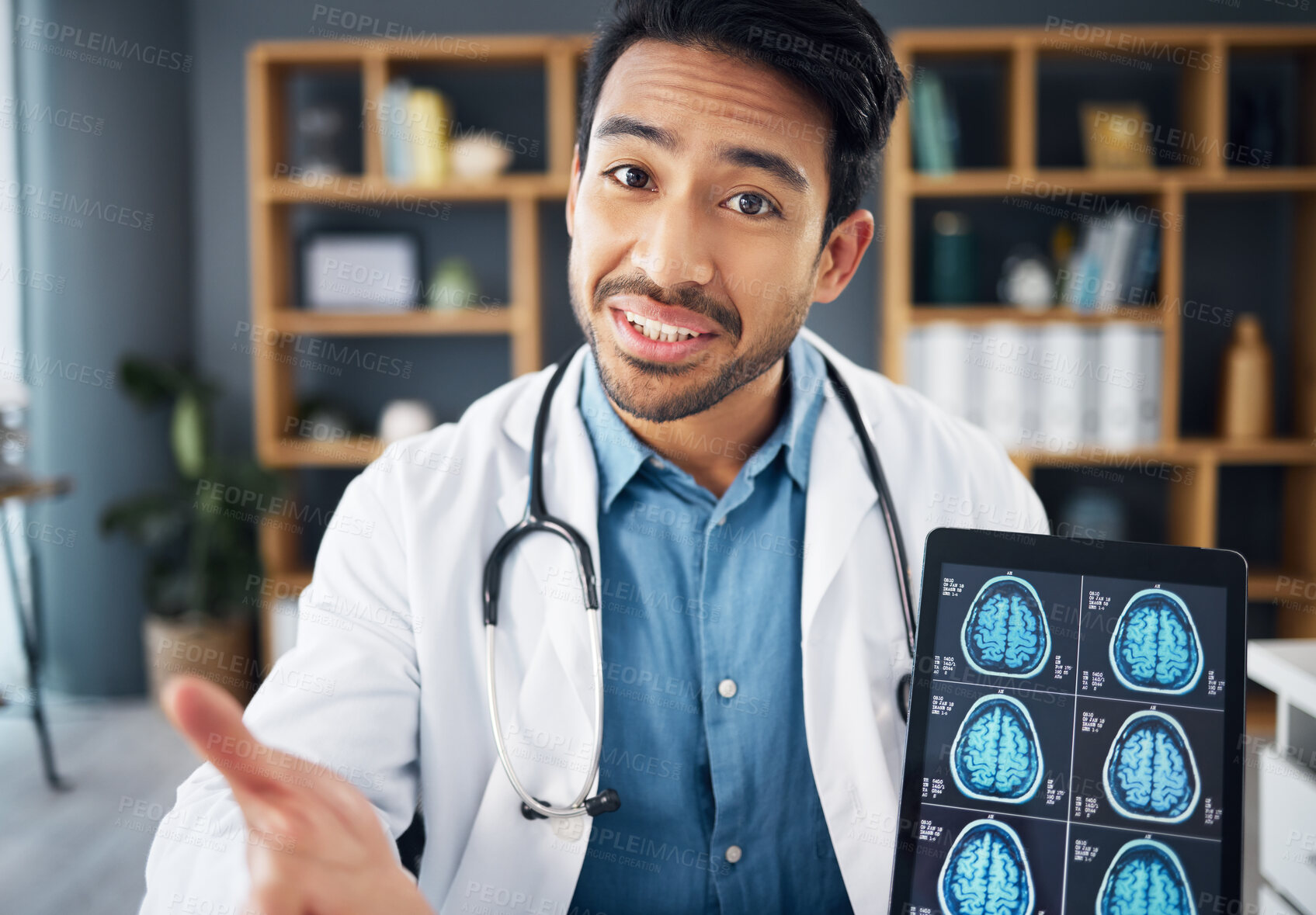 Buy stock photo Portrait, Asian man and doctor with tablet, mri results and explain diagnosis in office, conversation and healthcare. Face, medical professional and employee with device, brain scan and neurology