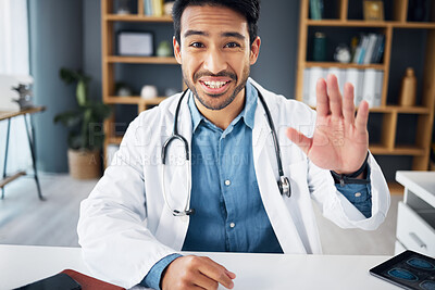 Buy stock photo Portrait, doctor and man on video call, waving and greeting in workplace, diagnosis and discussion. Face, male employee and medical professional online conversation, webinar and support with cure 