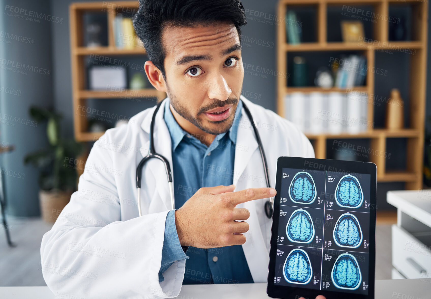 Buy stock photo Brain x ray, video call and portrait of doctor with a tablet for healthcare results and showing scan. Analysis, teaching and Asian medical worker pointing to radiology research on tech for a webinar