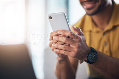 Buy stock photo Closeup, hands and man with cellphone, typing and network signal for social media, online reading and search internet. Hand and male with smartphone, connection and mobile application for info