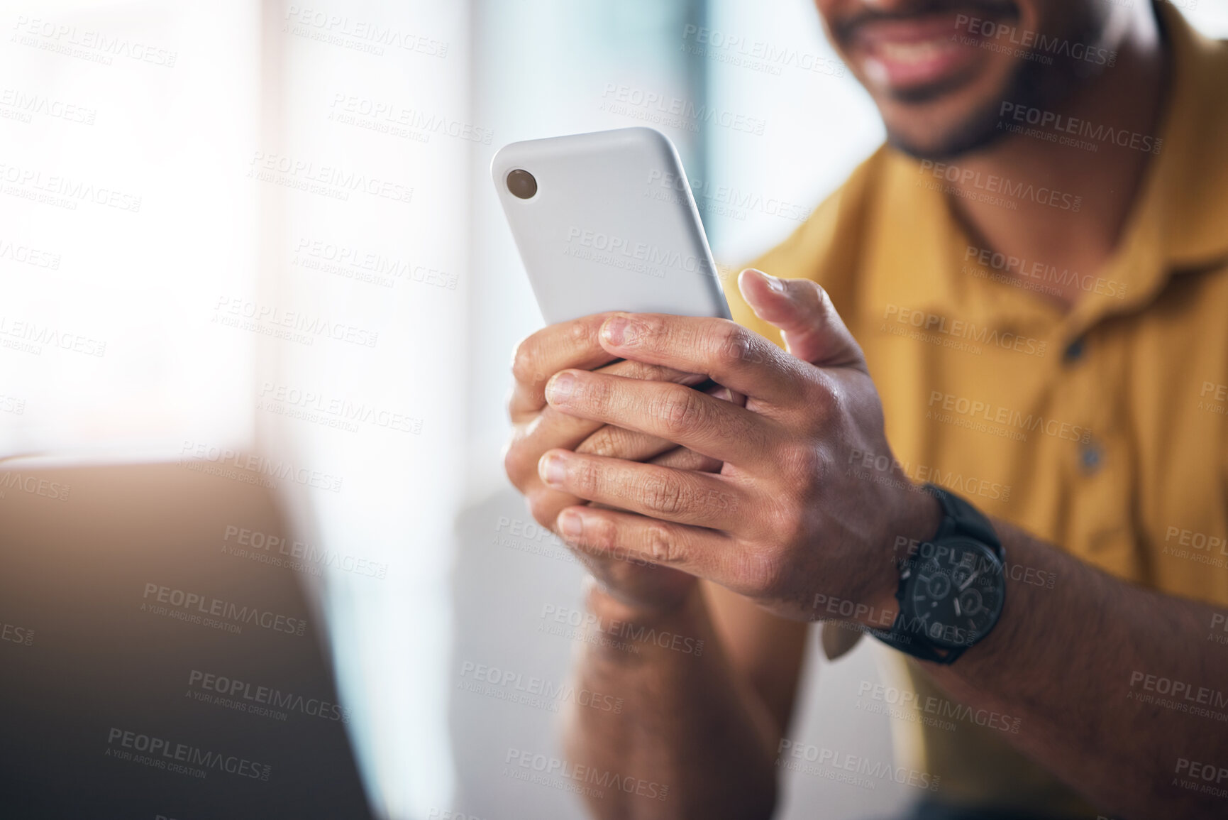 Buy stock photo Closeup, hands and man with cellphone, typing and network signal for social media, online reading and search internet. Hand and male with smartphone, connection and mobile application for info