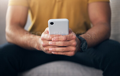 Buy stock photo Closeup, hands and man with smartphone, typing and connection for communication, search website and online reading. Zoom, hand or male with cellphone, mobile app or network signal for message or text