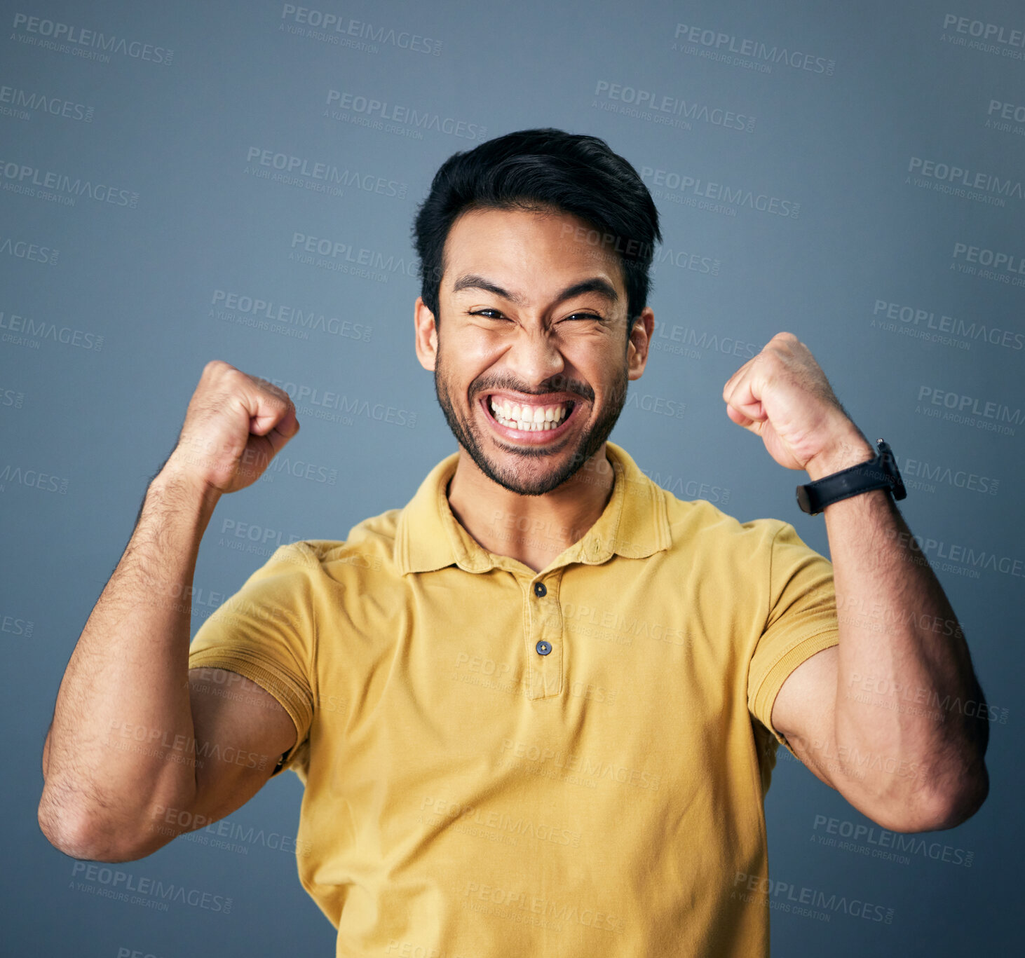 Buy stock photo Indian man, excited celebration and studio portrait for winning mindset, happiness or achievement by background. Young model, male student or celebration with happy, fist and winner with motivation