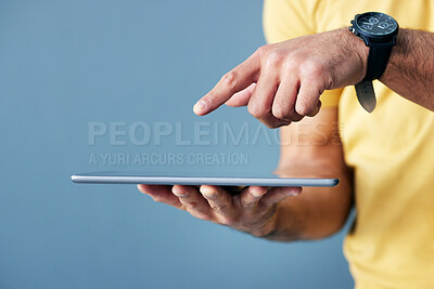 Buy stock photo Man, hands and tablet pointing on mockup for interactive design, touch or networking against a studio background. Hand of male with finger point gesture on mobile responsive touchscreen on copy space
