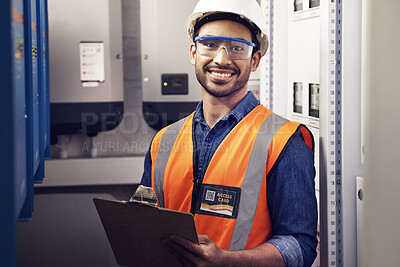 Buy stock photo Portrait, happy man and engineering technician at control panel, inspection and planning maintenance on clipboard. Male electrician smile at electrical substation, power system and mechanic checklist