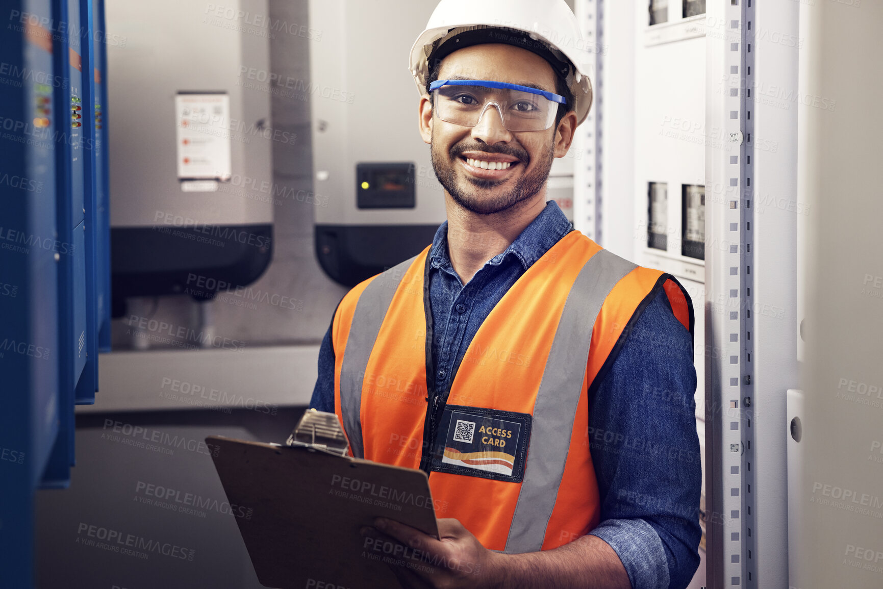 Buy stock photo Portrait, happy man and engineering technician at control panel, inspection and planning maintenance on clipboard. Male electrician smile at electrical substation, power system and mechanic checklist