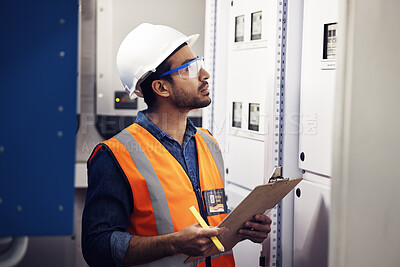 Buy stock photo Man, engineering and clipboard in control room, box inspection and machine maintenance. Male electrician, system and electrical substation for power, industrial generator and technician checklist 