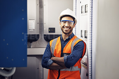 Buy stock photo Portrait, happy man and engineering technician in control room, inspection service or industry maintenance. Electrician, arms crossed and smile in electrical substation, system or industrial mechanic