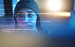 Programmer, code or woman hacker in dark room at night for coding, phishing or cloud computing. Database, malware research or girl hacking online in digital transformation on ai cybersecurity website