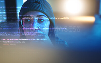 Buy stock photo Programmer, code or woman hacker in dark room at night for coding, phishing or cloud computing. Database, malware research or girl hacking online in digital transformation on ai cybersecurity website