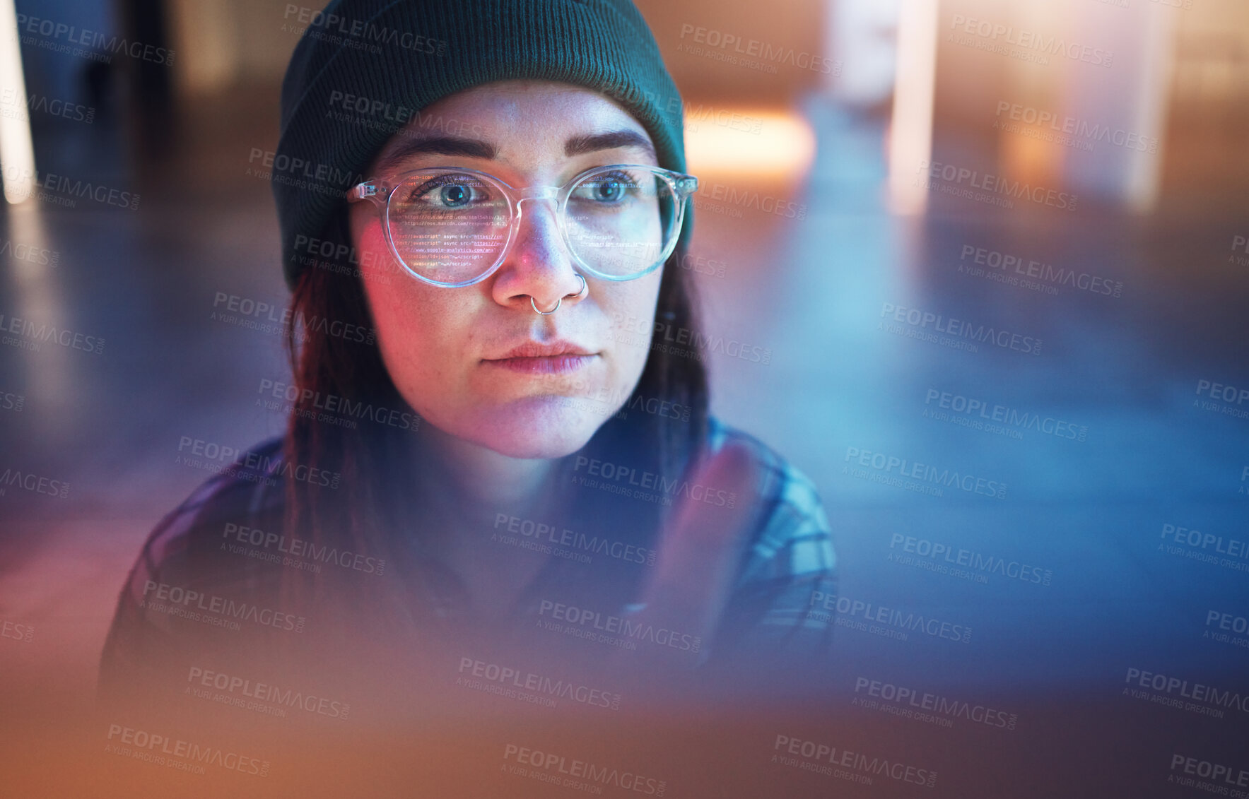 Buy stock photo Cybersecurity, phishing and woman hacker working on a computer in the basement at night for malware. Database, password and ransomware with a female coder hacking a digital transformation network