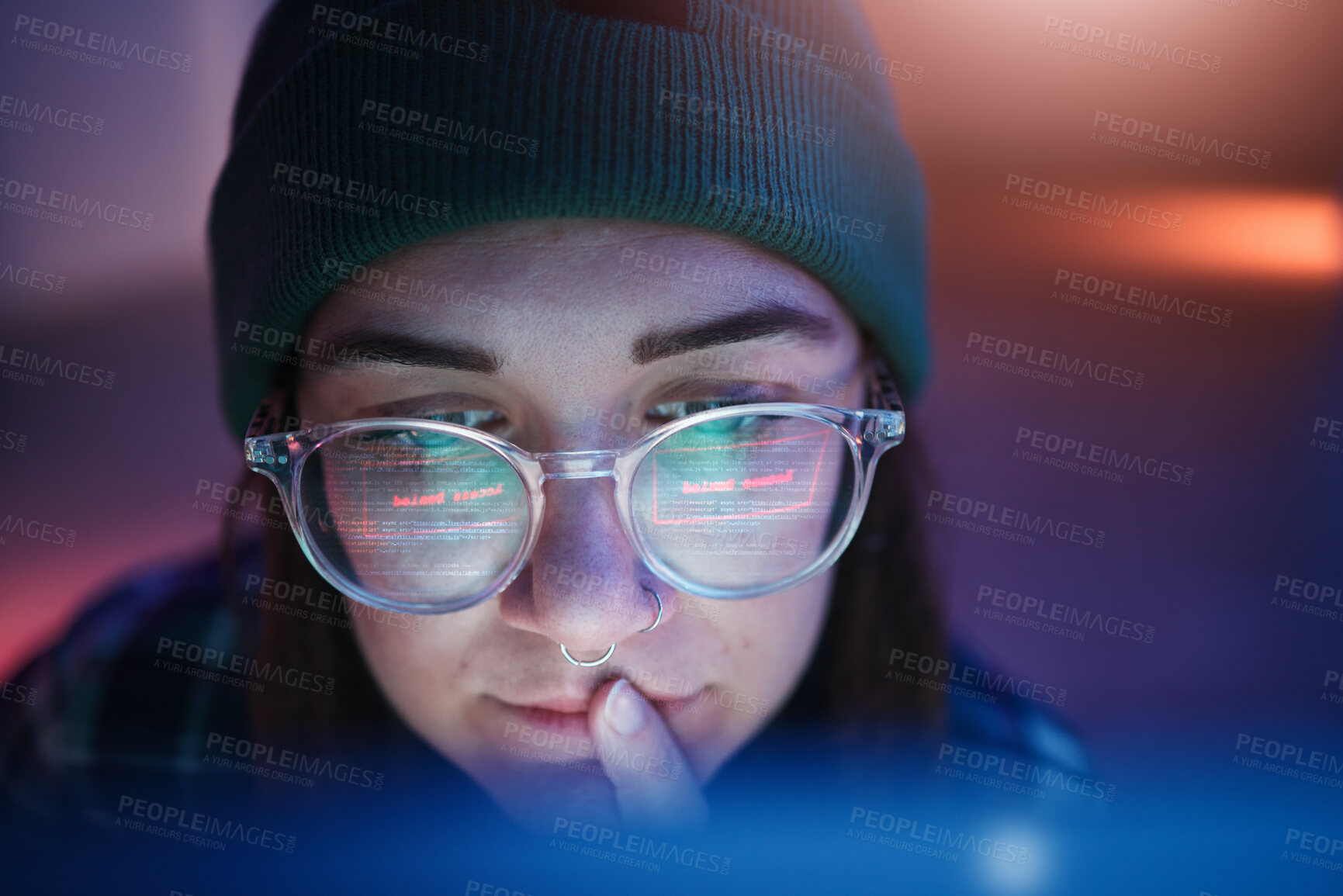 Buy stock photo Cyber security, ransomware and woman hacker working on a computer in the basement at night for phishing. Database, password and malware with a female coder hacking a digital transformation network