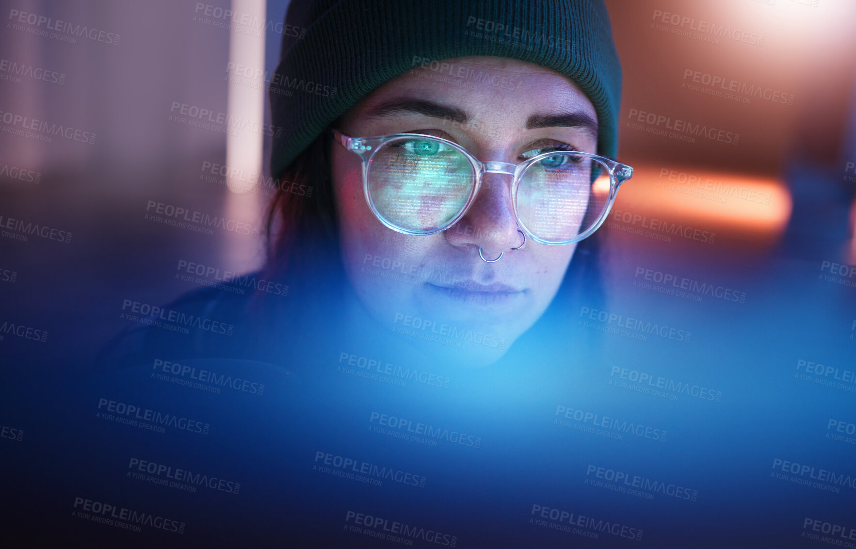 Buy stock photo Cybersecurity, database and woman hacker working on a computer in the basement at night for phishing. Malware, password and ransomware with a female coder hacking a digital transformation network