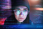 Double exposure, code or woman hacker in dark room at night for coding, phishing or cybersecurity. Database, programmer or girl hacking online in digital transformation on ai cloud computing website