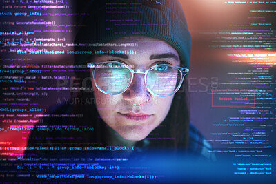 Buy stock photo Double exposure, code or woman hacker in dark room at night for coding, phishing or cybersecurity. Database, programmer or girl hacking online in digital transformation on ai cloud computing website