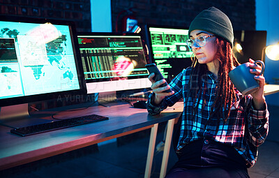 Buy stock photo Phone, cyber security or woman by computer screen in dark room at night for coding, phishing or blockchain. Coffee, programmer ux or girl hacking online in digital transformation on global website