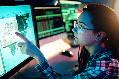 Buy stock photo Woman, computer screen and hacker with software, data programming or cybersecurity. Developer, it coder and female reading map for hacking, location or phishing, malware and dark web at night in home