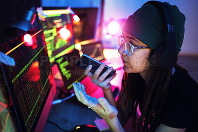 Buy stock photo Computer screen, phone call or girl hacker in basement in dark room at night for hacking, phishing or cybersecurity. Voice note, woman or code for hacking, digital transformation or networking online