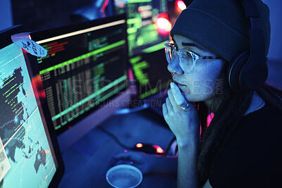 Buy stock photo Woman, computer and hacker thinking with headphones and programming for cybersecurity. Music, radio podcast and female reading map for hacking, location or phishing, idea or dark web at night in home