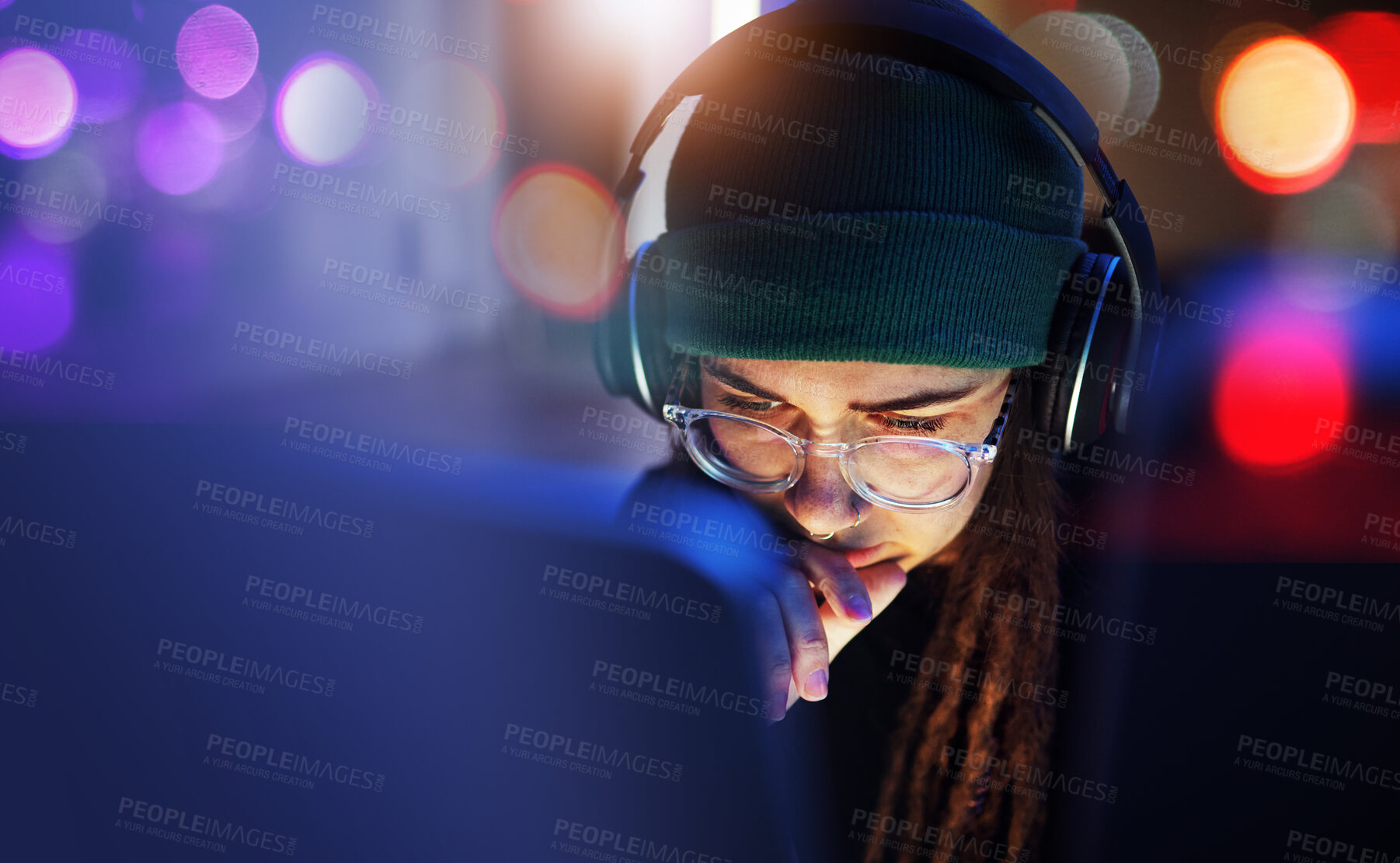 Buy stock photo Night, programmer thinking or woman hacker coding, phishing or cybersecurity technology online. Research ideas, serious or girl hacking for digital transformation on software, internet or website 