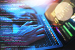 Woman hands, laptop or double exposure in night office on typing iot website code or digital transformation algorithm. Information technology, cybersecurity data or hacker coding online on keyboard