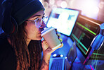 Computer, coffee or woman hacker in dark room at night for coding, phishing or researching blockchain. Data analysis, programmer or girl hacking online in digital cybersecurity on global ai website 