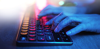 Buy stock photo Hacker, hands and typing on neon keyboard for software, programming or cybersecurity. Developer, it coder and woman on computer keypad for hacking, phishing and dark web malware at night in home.